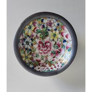 Decorated Japanese Floral Porcelain Dish w/ Metal Rim – 4" Trinket Bowl